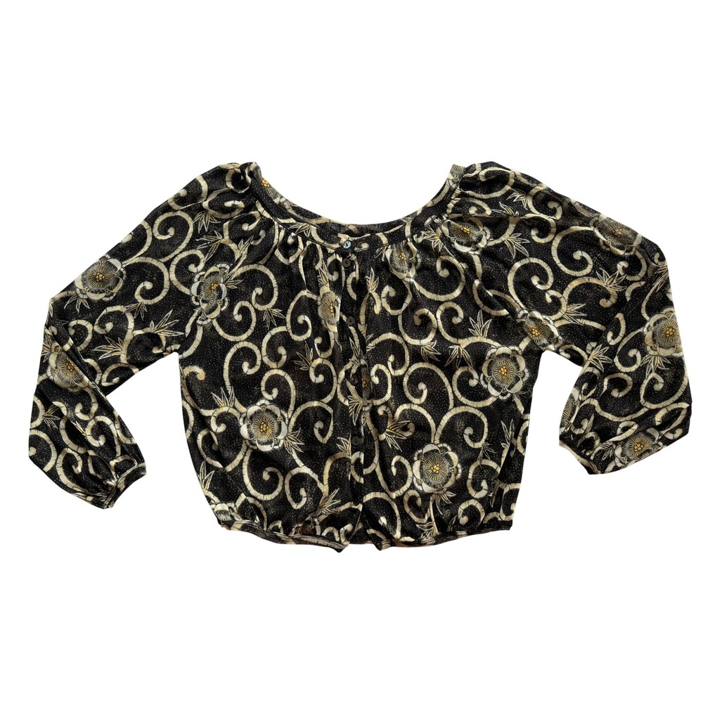 Fuzzi Mesh Blouse Women Large Black Gold Floral Scroll Button Front 90s y2k